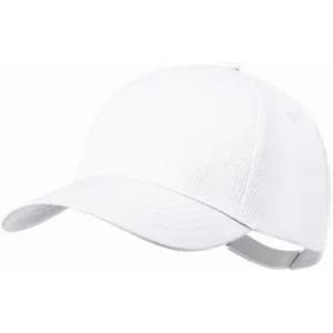 A white cap with a curved brim and a rear adjustable strap, featuring a logo on the front.