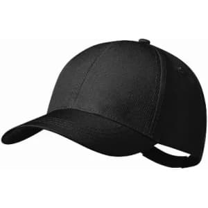 A black cap with a structured design and an adjustable strap at the back. It features a curved brim and has a logo.