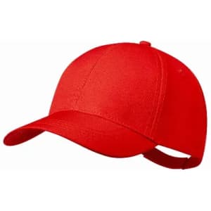 A red cap featuring a curved brim and adjustable strap at the back. It has a textured fabric design.