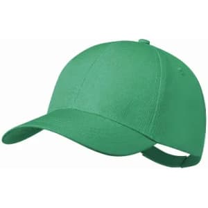 A green cap featuring a curved brim and an adjustable strap at the back, with a logo on the side.