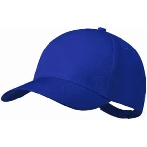 A blue cap with a curved brim and adjustable strap at the back. It features a textured fabric design.