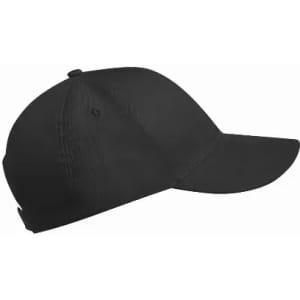 A black cap featuring a rounded crown and a curved brim, with an adjustable strap at the back.