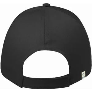 A black cap featuring a flat brim and adjustable strap at the back, with a small logo on the side.