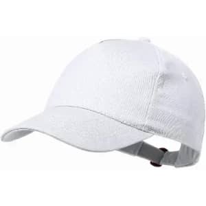 A white cap with a curved peak and adjustable strap at the back, featuring a brand logo.