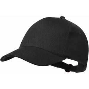 A black cap with a curved peak and adjustable strap at the back. It has a textured finish and a logo.