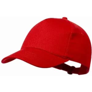 A red baseball cap with a curved brim and an adjustable strap at the back. It features a textured fabric and a logo.