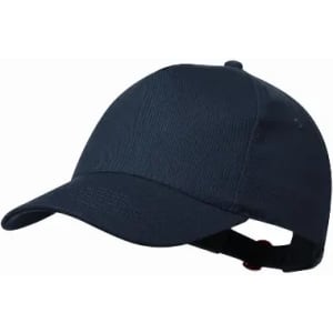 A navy blue cap with a curved brim and an adjustable strap at the back, featuring a logo on the front.