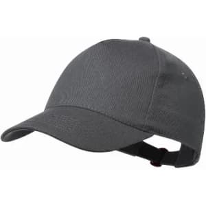 A grey cap with a curved brim and an adjustable strap at the back, featuring a textured design.
