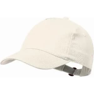 A cap in a light cream colour with an adjustable strap at the back. It features a brand logo.
