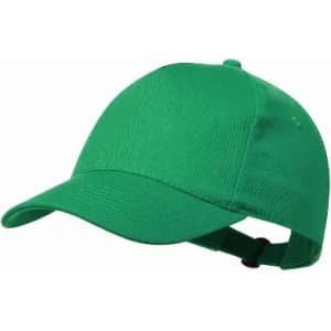 A green cap with a curved brim and an adjustable strap at the back. It features a plain design.