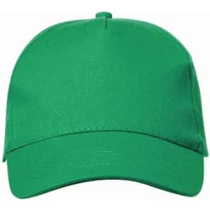 A green cap with a rounded crown and a curved brim. The cap features a blank front section for customisation.