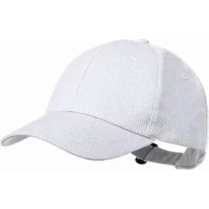 A white cap with a curved brim and adjustable strap at the back. It features a smooth texture.
