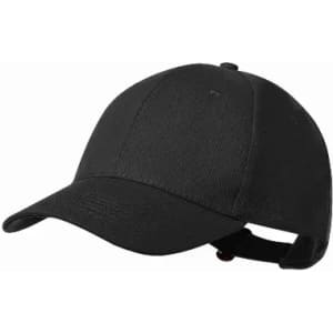 A black cap with a curved brim and adjustable strap at the back, featuring a simple design.