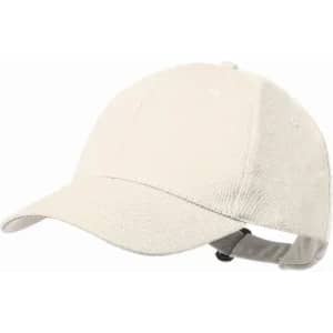 A cap in a light beige colour with a curved brim and adjustable strap at the back. It features a simple design.