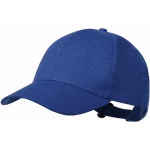 A blue cap with a curved brim and an adjustable strap at the back, featuring a logo on the front.