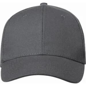 A grey cap with a curved brim and six panels, featuring a stitched design. It has a logo on the front.