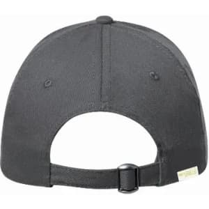 A black cap featuring a flat brim and an adjustable strap at the back, with a logo on the side.
