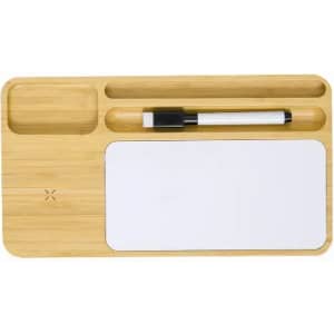 A bamboo desk organiser featuring compartments for pens and sticky notes, with a white dry-erase section and marker.