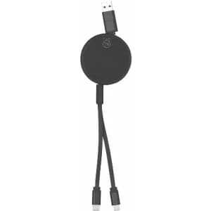 A black charging cable with a circular connector and two additional cables attached, including USB.