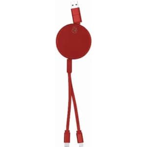 A red charging cable with a round connector and dual outputs, featuring a logo.