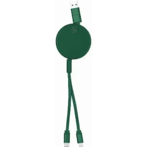 A green retractable charging cable with USB connectors on both ends, featuring a circular housing and a logo.