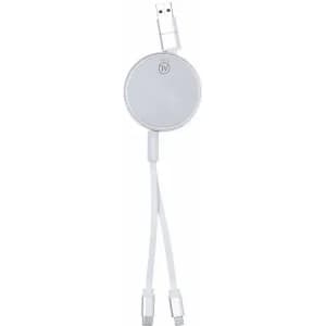 A round white charging cable with a USB connector and two shorter cables extending from the main body.