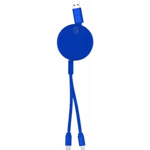 A blue retractable charging cable with a circular body and dual connectors, featuring a logo.