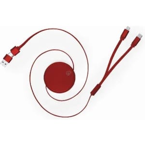 A red charging cable with a round connector and dual output, featuring USB and Type-C ends.