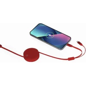 A charging pad in red connected to a smartphone, with a cable extending from the pad to the phone.
