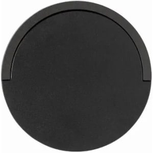 A black drink bottle lid with a circular design and a small groove for easy opening. It has a logo.