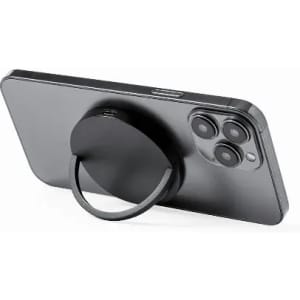 A smartphone with a black ring holder attached to the back, featuring a sleek design.
