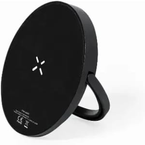 A black round wireless charger with a loop handle, featuring a logo on the base.