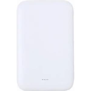 A white power bank with a smooth surface and indicator lights at the bottom. It has a simple design with no branding visible.