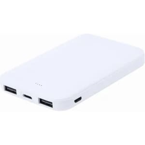 A power bank in white, featuring multiple USB ports and a sleek, slim design.