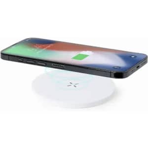 A wireless phone charger in white, with a smartphone placed above it, displaying a charging indicator on the screen.
