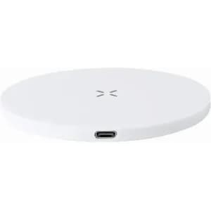 A round, white wireless charging pad featuring a USB-C port. It has a minimalistic design with a logo on top.