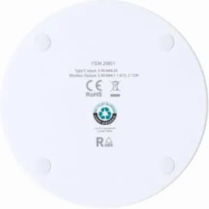 A wireless charging pad in white with a smooth surface and circular design, featuring non-slip feet.