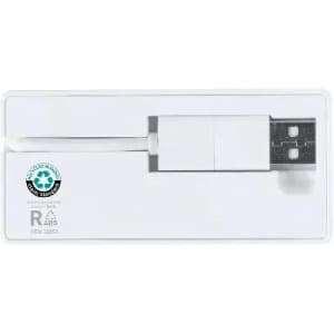 A USB cable in a clear packaging, featuring a white connector and a logo on the side.