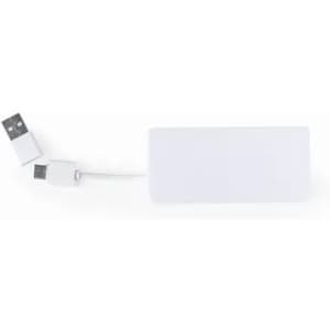 A power bank in white with a USB connection and a charging cable attached.
