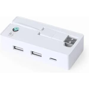 A white multi-port USB hub with various ports and a logo.