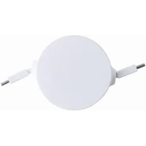 A round white device with two attached cables, featuring a simple and minimalist design.