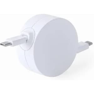 A white circular charging adapter with a built-in USB-C cable. It has a smooth finish and a minimalist design.