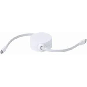 A white, round retractable charging cable with two connectors extending from opposite sides. It features a logo on the surface.