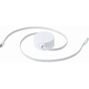 A white retractable charging cable with a circular reel and a straight connector.