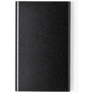 A sleek black promotional product with a textured finish and a logo on the front.