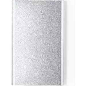 A silver promotional product with a glittery finish, featuring a simple design and white accents. It has a logo on it.