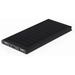 A black power bank with multiple ports and a textured surface. It features a sleek, slim design.
