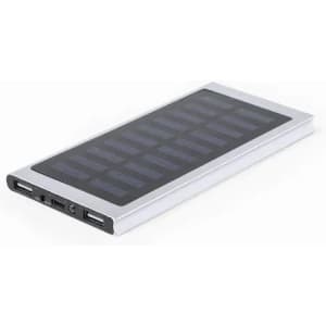 A solar charger with a sleek silver design and a black panel featuring solar cells. It has USB ports for charging.