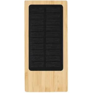 A bamboo phone charger with a black charging pad on top. Features a logo.