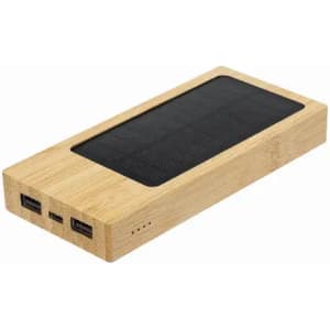 A power bank with a wooden exterior and a black panel on top, featuring USB ports.